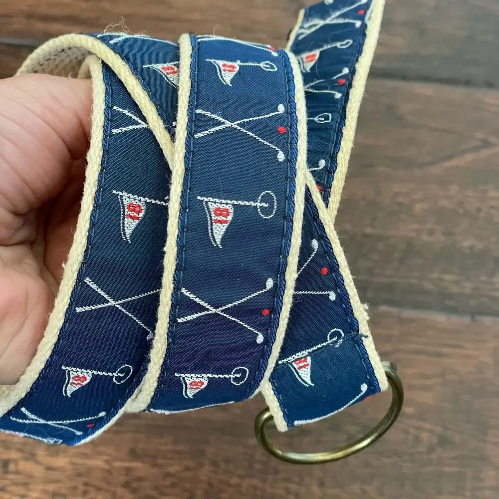 Vintage Golf Belt Cotton Web Double D Ring Navy Fabric Belt w/ Clubs & Pin 43